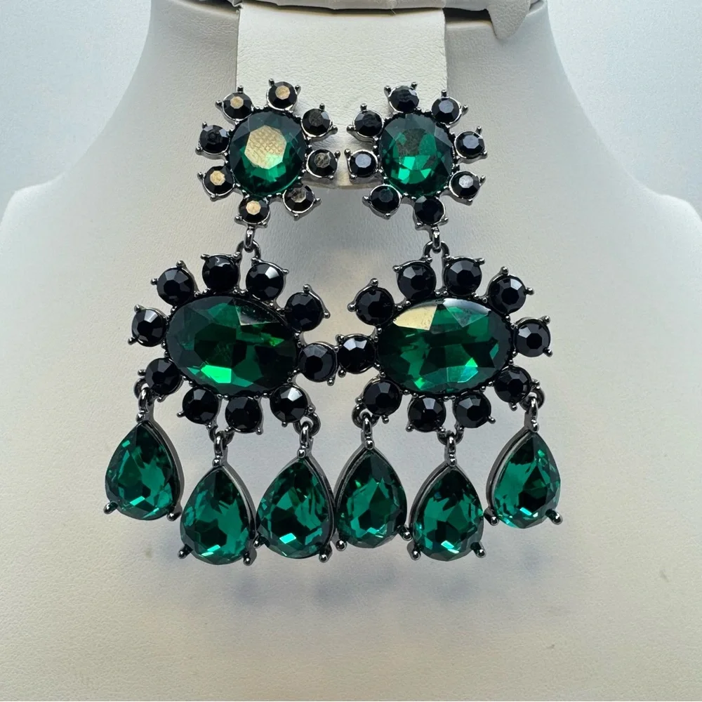 Emerald Green Crystal Chandelier Earrings Black Tone Statement Bold Goth